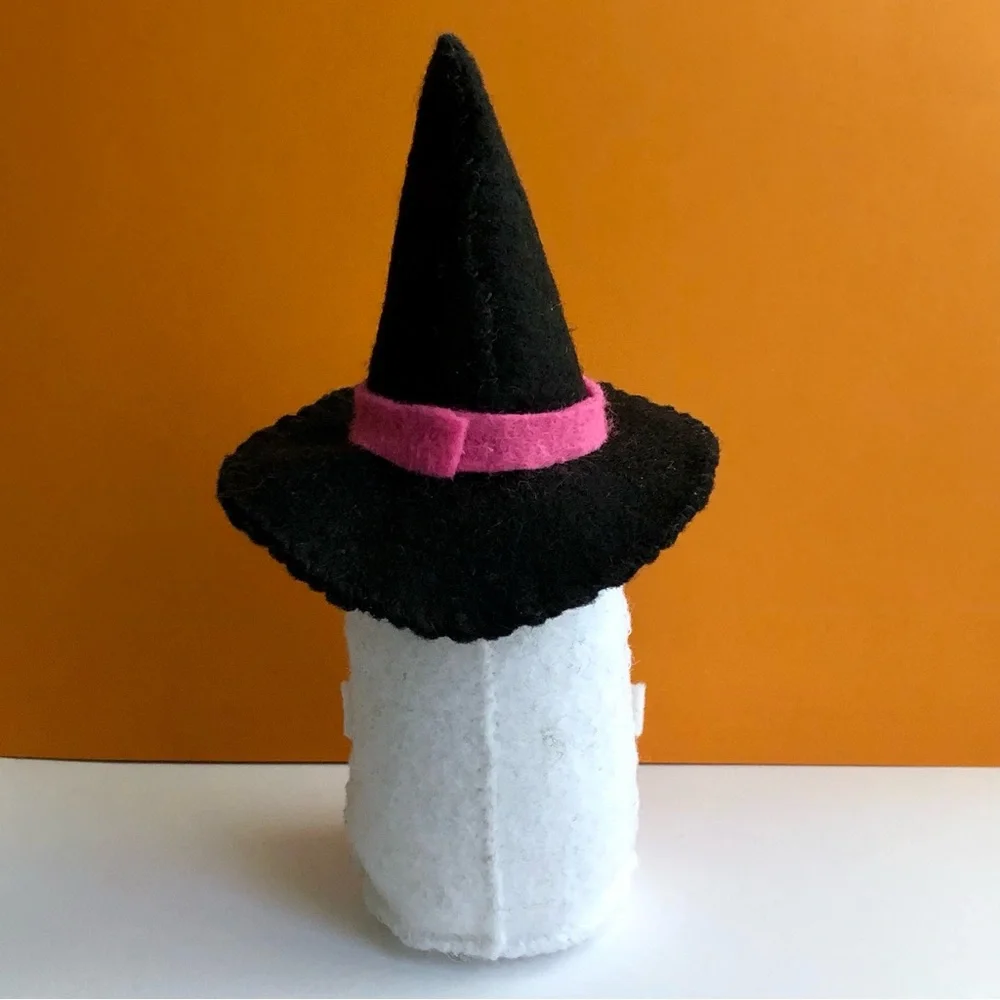 Hand-sewn felt Witch Ghost black cat, summerween handmade embroidery art doll